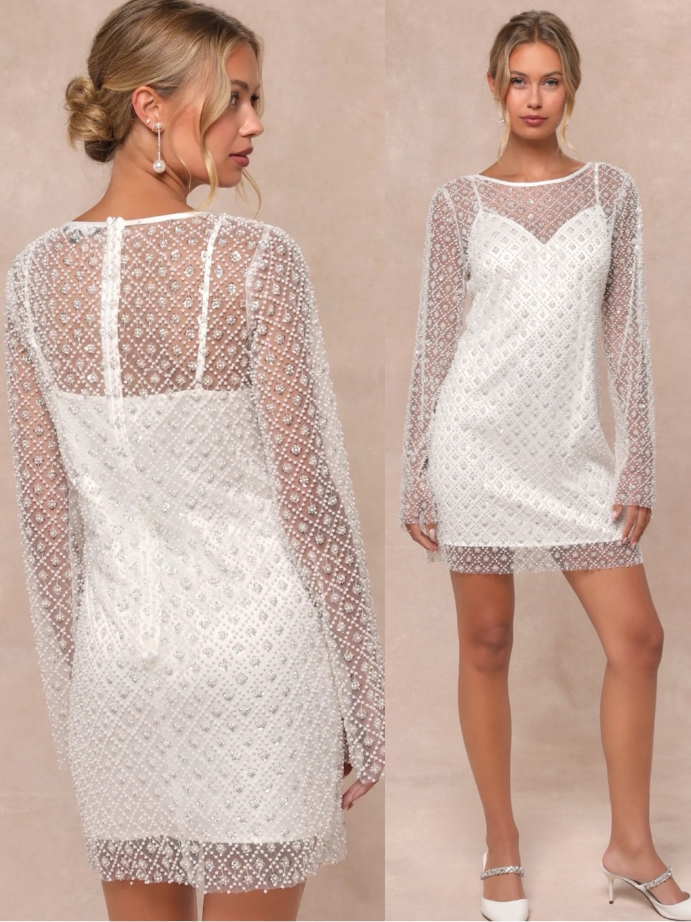 NWOT Lulu’s Glowing Charisma White Sequin Pearl Mesh Long Sleeve Mini Dress Chic